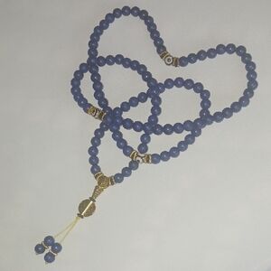 Elegant LONG Genuine Lapis And Dzi  Bead Beaded Necklace with Gold Tone Accents